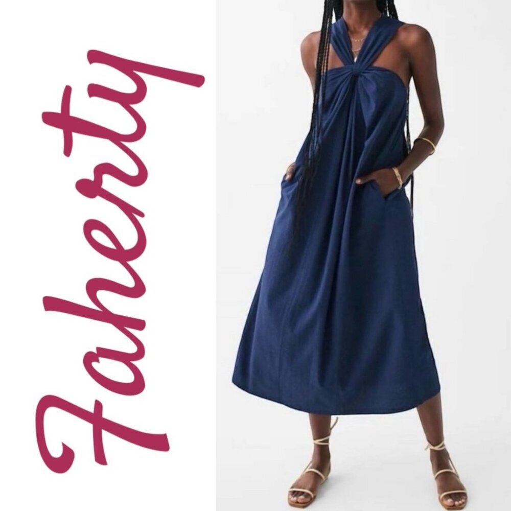 FAHERTY BAY TWIST SEERSUCKER MIDI ORGANIC COTTON DRESS NAVY, SIZE XS